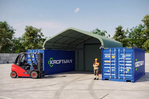 70 - Container shelter 6x6m Saddle Roof,  Fastening brackets, Green PE fabric, Back wall.jpg